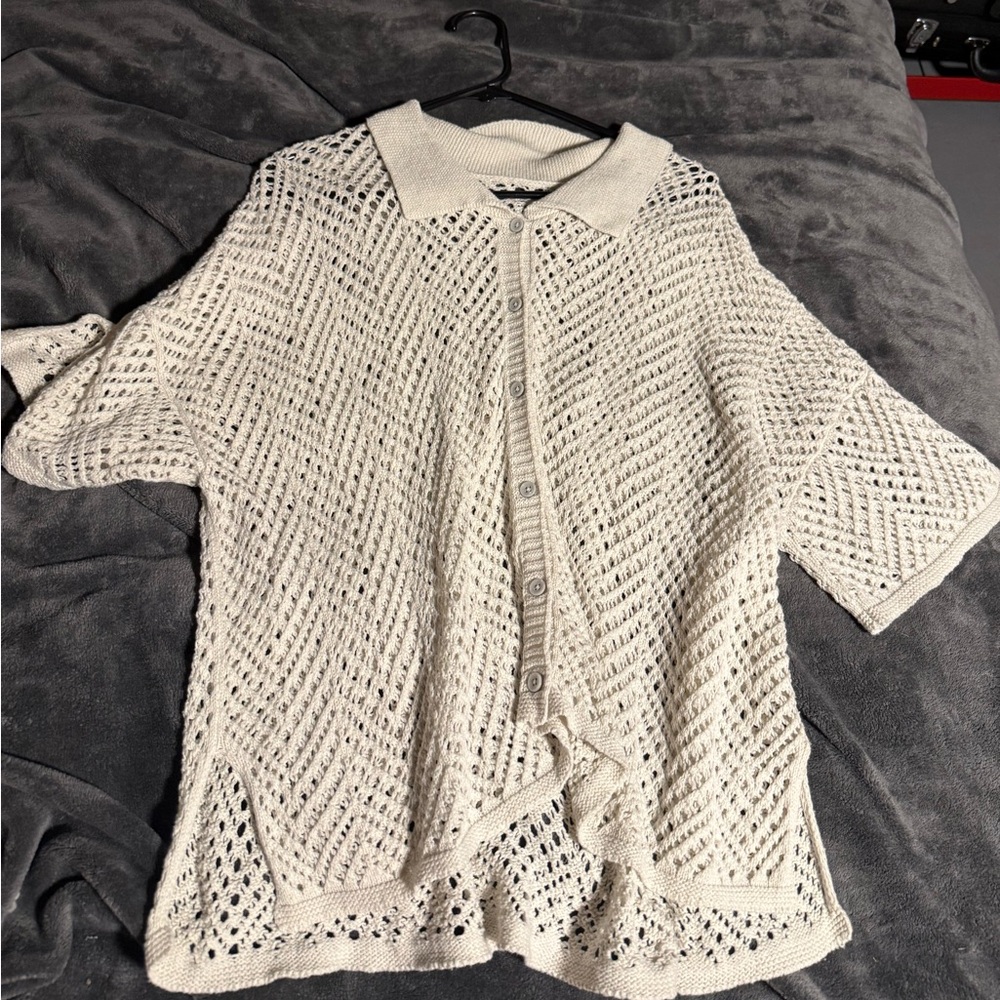 Universal Thread Cream Open-Knit Button-Down Short Sleeve Cardigan